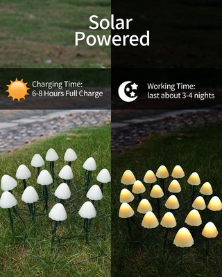 2700K IP55 تعمل بالطاقة الشمسية سلسلة أضواء LED / أضواء حديقة الفطر الشمسية الزفاف احتفالية الديكور